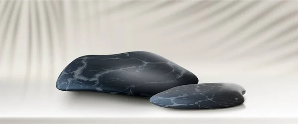 3D石の自然化粧品製品の表彰台の背景 美しいオブジェクトの表示のためのバスルームのモックアップで現実的なスパ岩台座 夏の葉の影と太陽の光抽象的なベージュテーブルスタジオのインテリア — ストックベクタ