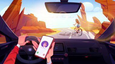 Aracın içindeki sürücü elinde telefon tutuyordu. Desert Road çizgi film arkaplanındaki resimde. Kanyon otobanında bisiklet süren bir kadının ön cam manzarası. Mobil arama arayüzü ve güneşli bir günde direksiyon.