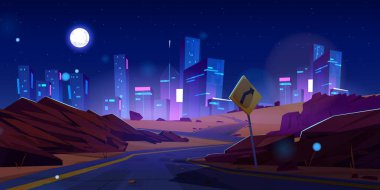 Neon City 'e giden gece yolu fütüristik vektör arka planı. Şehir manzarası ve asfalt otoyol, Amerika şehir merkezine giden boş bir yol. Kentsel trafik panorama kavramı için modern hız işareti.