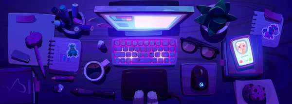 Serbest Tasarımcıların Gece Işyerindeki Iyi Manzarası Masaüstü Bilgisayarının Vektör Çizimi — Stok Vektör