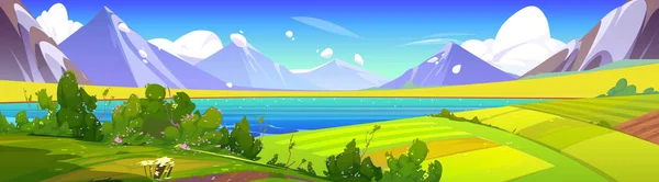 春の山の自然と緑のフィールドベクトルの風景イラスト 雲や花と夏の丘の漫画の風景 川と牧草地の農地の近くの日当たりの良い農村の谷の背景 — ストックベクタ
