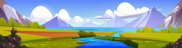 デルタ川と山の風景 海に流れる水のベクトル漫画のイラストは 氷河と雄大な岩の峰 茂みが咲く緑の谷 雲と日当たりの良い空 バケーションバナー — ストックベクタ