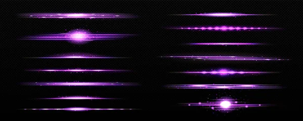 辉光效果 水平条纹的紫色闪光与明亮的闪光 抽象的激光束 透明背景下孤立的魔法闪光 矢量真实感集 — 图库矢量图片