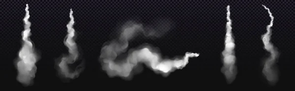 在透明的背景下孤立的一组现实的飞机缩合路径 飞机起飞 导弹发射 火箭飞行所留下的弯曲烟雾线的矢量图解 飞机速度效应 — 图库矢量图片