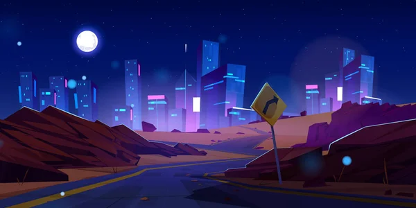 Éjszakai Neon City Épület Futurisztikus Vektor Háttér Világos Városkép Aszfalt — Stock Vector