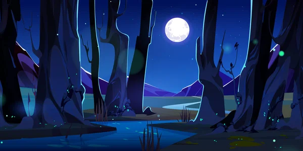 川の夜の森 山の自然ベクトル漫画の風景です ツリーの下に緑の草 月明かりのシーンは 美しい牧草地の近くに流れるストリーム 空の森のパノラマで飛ぶ蚕 ホタル — ストックベクタ