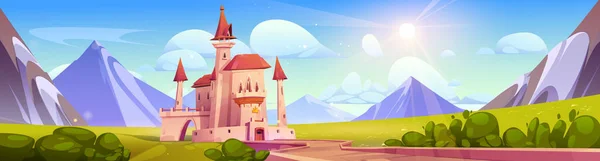 Сказочный Замок Летних Горных Ландшафтах Векторная Карикатура Средневековое Здание Королевского — стоковый вектор