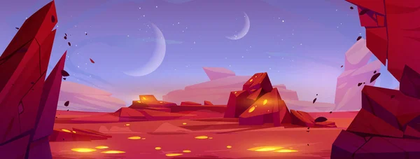 エイリアン宇宙惑星漫画の風景の背景 赤い地面と空の月と火星砂漠のゲーム漫画のベクトルイラスト 光の風景と未来的な火星の表面宇宙シーン — ストックベクタ