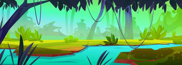 ジャングルの森のベクトル熱帯の風景の背景に川 クリーパーと野生のアマゾンの風景と湖の水の漫画の自然イラスト 美しい渓谷と熱帯雨林ゲームシーンのデザイン — ストックベクタ