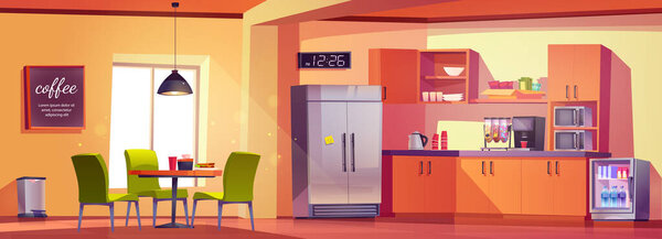 Office kitchen and break room interior vector background with table, chair and coffee machine. Cartoon illustration of canteen with selfservice. Modern company dining and lunch area for snack and meal