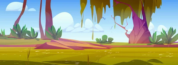 夏の森の危険な沼 汚れた緑色の水で湖のベクトル漫画のイラスト 木々の下の地面に石 鳥が雲と青空に飛んでいます アドベンチャーゲームの風景 — ストックベクタ