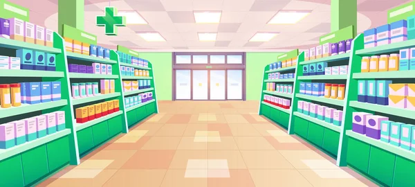 Farmacia Médica Tienda Interior Vector Ilustración Estantes Dibujos Animados Farmacias — Vector de stock