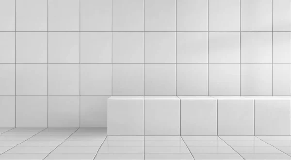 壁や床に白いセラミックタイル ホテルでバスルーム シャワー トイレルームのインテリアデザインのベクトル現実的なイラスト 化粧品製品プレゼンテーションのためのプラットフォームモックアップ — ストックベクタ