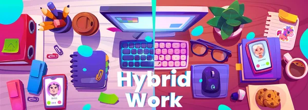 Hybrides Arbeitskonzept Arbeitsplatz Von Oben Vektor Cartoon Illustration Des Schreibtisches — Stockvektor