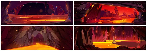火山溶岩地獄岩洞窟ビューファンタジーゲーム漫画の背景セット 謎の危険な流動溶融マグマレベルの冒険設計 液状の炎の川の流れの地形の表面を持つ地面の亀裂 — ストックベクタ