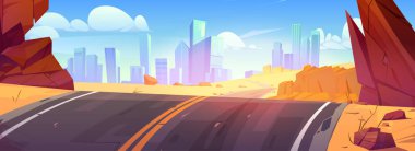 Şehre giden boş çöl yolu fütüristik vektör arkaplanı oluşturuyor. Şehir manzarası ve tepedeki asfalt karayolu, ABD gökdeleni. Araba trafiği ve kanyon manzarası için modern hız yolu