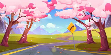 Spring Sakura yolu vektör dağ manzarası çizimi. Dönüş işareti manzaralı kiraz çiçeği parkı. Japonya hafta sonu macera gezisi için pembe çiçekli tepelere park eder. Malezya yürüyüşü panorama