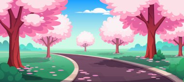 Sakura Çiçeği Park Yolu İllüstrasyon. Kiraz ağacı çiçek karikatürü vektör doğa manzarası gökyüzü ve çayır ile arka plan. Yalancı taç yaprakları sahnesi afişi ile Japon köyü ortamı