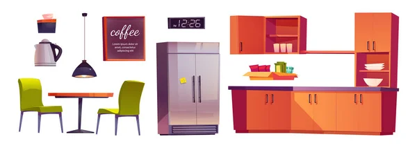 白い背景に隔離されたオフィスキッチン家具の漫画セット 冷蔵庫 スナック付き食器棚 テーブル 電気ケトル ランプ ダイニングルームのデザインのための黒板のベクトルイラスト — ストックベクタ