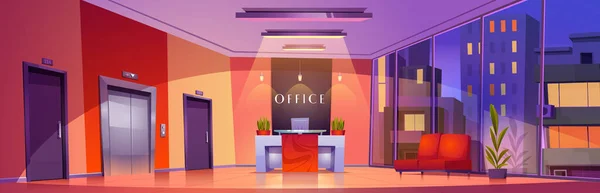 Büroeinrichtung Mit Möbeln Der Nacht Vektor Cartoon Illustration Der Halle — Stockvektor