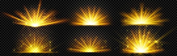 透明な背景の上に金の光の現実的なセットが孤立輝きます キラキラ光る粒子と黄色のフラッシュのベクトルイラスト 魔法のエネルギー爆発ボケ効果太陽光線 — ストックベクタ