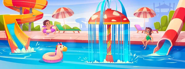 Boldog Gyerekek Játszanak Aquaparkban Vektor Rajzfilm Illusztráció Kisfiú Lány Közelében — Stock Vector