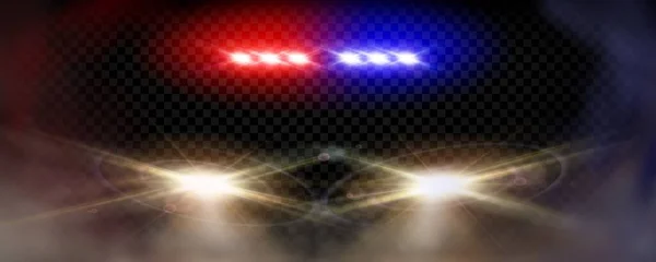 警察の車の赤と青のライトナイトフレア警官サイレンベクトル効果 煙が隔離された現実的な緊急ヘッドライトの輝きのフロントビュー 救急車や司法パトロール電球の輝きの近くに危険スモッグ — ストックベクタ