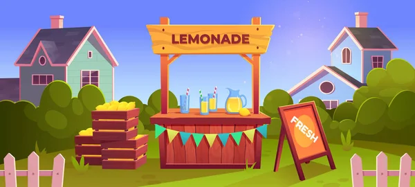 Lemonade Stand Vector Shop Con Vendita Frutta Limone Banco Legno — Vettoriale Stock