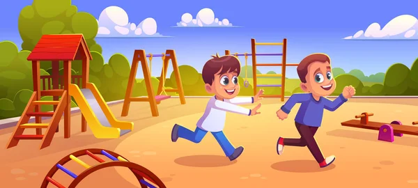 Spielplatz Kindergarten Mit Kindern Cartoon Vektorlandschaft Sommer Öffentlicher Freizeitspielplatz Outdoor — Stockvektor