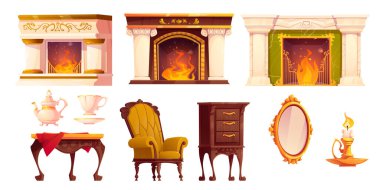 Eski Viktorya dönemi oturma odasının içinde şömine mobilyası karikatür seti var. Antik İngiliz tarzı oturma odası ahşap masa, altın ayna, koltuk ve çekmeceleri olan ev yapımı resimler.