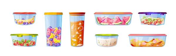 Plastikbox Mit Essenssalat Vektorsymbolset Aufbewahrungsbox Mit Gemüse Und Obstsalat Glasschale — Stockvektor