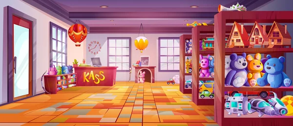 Spielzeugladen Mit Cartoon Vektor Illustration Regal Interieur Des Spielgeschäfts Mit — Stockvektor