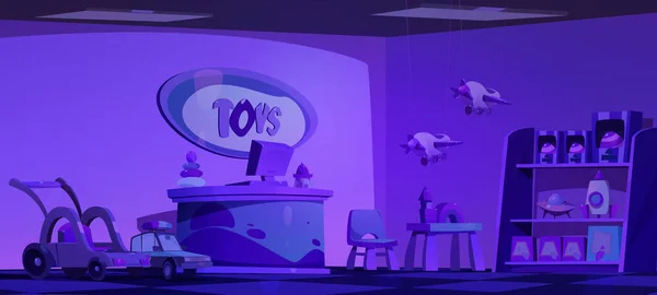 Nacht Gesloten Speelgoed Winkel Vector Spel Interieur Illustratie Paarse Babywinkel — Stockvector