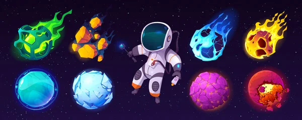 Planeten Und Astronauten Zeichentrickspiel Illustrationsset Fantasy World Icon Pack Für — Stockvektor