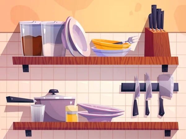 厨房架子与烹调工具矢量内插图 餐具和刀叉布置在家里的厨房用具架上 咖啡店或餐馆用简朴时髦的家居设计 — 图库矢量图片
