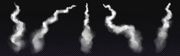 在透明背景下孤立的一组现实的平面缩合路径 飞机起飞 导弹发射 火箭飞行所留下的弯曲烟雾线的矢量图解 飞机速度效应 — 图库矢量图片