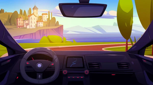 Car Driver View Seaside City Mountains Vector Cartoon Illustration Auto — Stock Vector