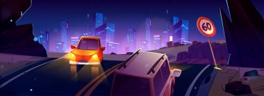 Neon City 'e giden gece yolu fütüristik vektör arka planı. Şehir manzarası açık ve asfalt karayolu ABD 'nin merkezindeki gökdelene gidiyor. Kentsel trafik panorama kavramı için modern hız işareti.
