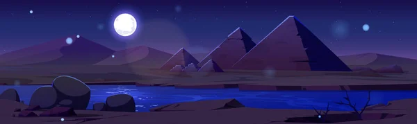 エジプトの砂漠のオアシスベクトルの夜の風景の背景にピラミッド 古代ナイル川のシーンバナーを描く アラビア考古学野生のサボテン 川の漫画のイラスト 偉大な石の墓 満月の光 — ストックベクタ