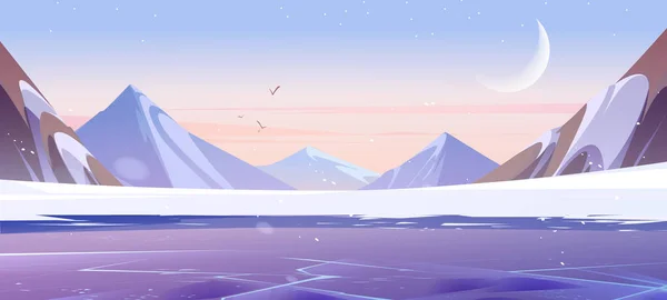 川の氷と雪の山の風景 凍結湖 月や鳥のベクトル漫画のイラストの夜の空に飛んで 岩のピークに氷河 風景北極点ビュー 北極の冬の背景 — ストックベクタ