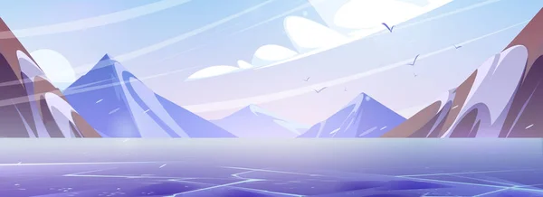 白雪覆盖的山水 冰封江面 冰湖的矢量卡通画 云天中的鸟儿 石峰上的冰川 北极风景 北极冬季背景 — 图库矢量图片