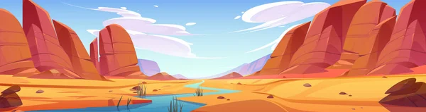 Fluss Felsschlucht Wüste Cartoon Landschaft Hintergrund Trockenes Sandland Und Heißer — Stockvektor