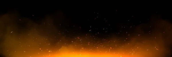 煙と炎の背景と火災火花オーバーレイ 雲の分離透明ベクトルでグリル熱グロー 現実的な飛行オレンジの輝き抽象的なイラスト 熱いシンダーで燃える地獄のたき火 — ストックベクタ