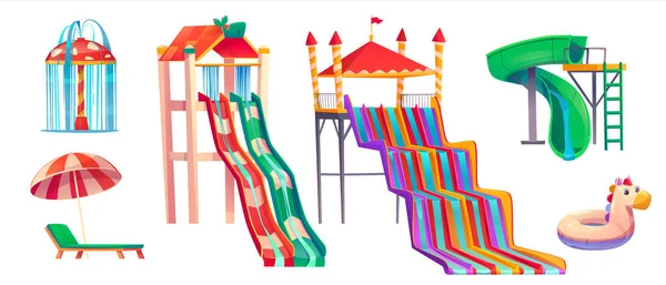 여름의 아쿠아 공원에는 슬라이드 나선형 부풀어 오르는 라운지 의자와 놀이를 — 스톡 벡터