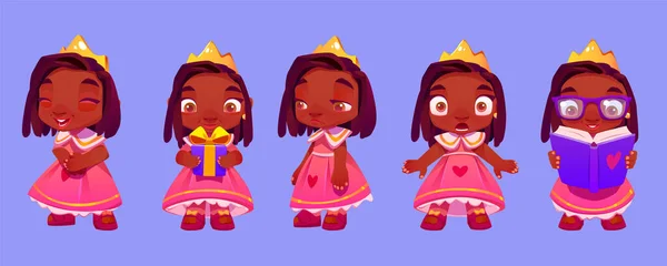 Siyah Prenses Kız Karakter Ifadesi Seti Şirin Vektör Çizgi Filmi — Stok Vektör