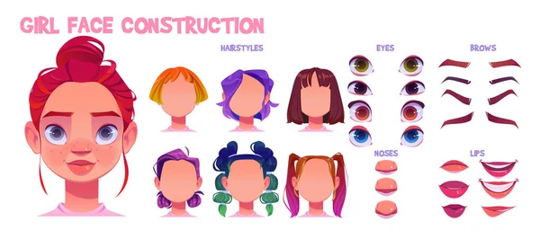 Chica Personaje Cara Avatar Construcción Dibujos Animados Peinado Femenino Ojo — Archivo Imágenes Vectoriales