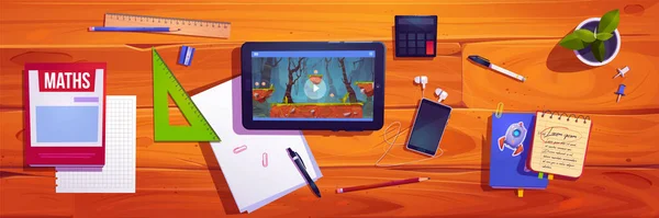 Student School Bureau Bovenaanzicht Met Tablet Spel Cartoon Illustratie Tafel — Stockvector