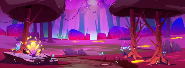 Roze Fantasie Magische Bos Cartoon Achtergrond Illustratie Nacht Sprookjesachtige Jungle — Stockvector