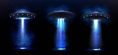 3D UFO uzay gemisi kaçırılma ışık huzmesi arkaplanı. Gece sisinde dünya dışı ışıldayan fütürist uzay gemisi. Siyah arkaplanda farklı bir uçan uçak ampulü ışığı..