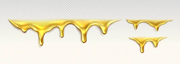 石油或液体糖浆滴下和流动 清澈的黄色酱汁 融化的焦糖 蜂蜜或芳香油 在透明的背景下分离出来 病媒逼真 — 图库矢量图片